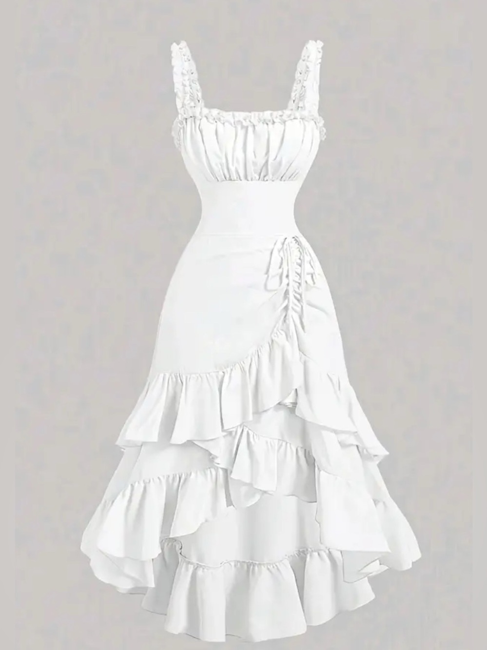 ROMANTIC White Ruffle High-Low Midi Dress with Ruched Bodice